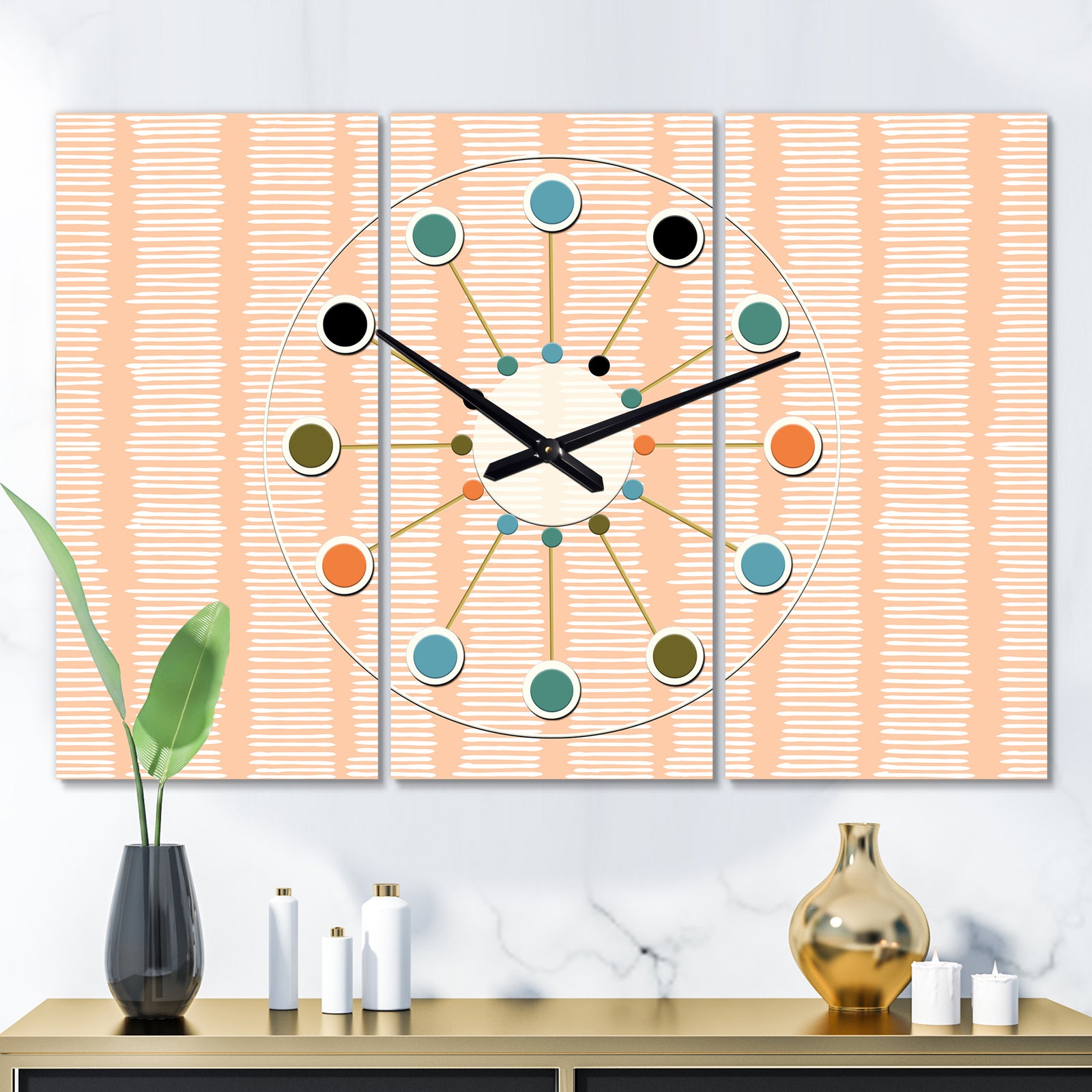 Retro Abstract Lines Pattern - Oversized Mid-Century wall clock - 3 Panels