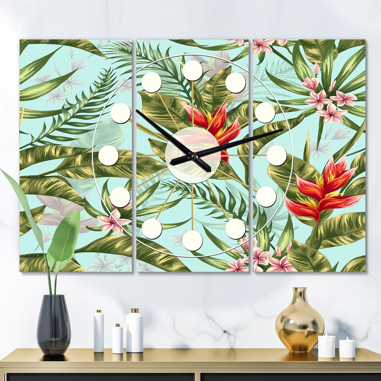 Tropical Foliage II - Oversized Mid-Century wall clock - 3 Panels