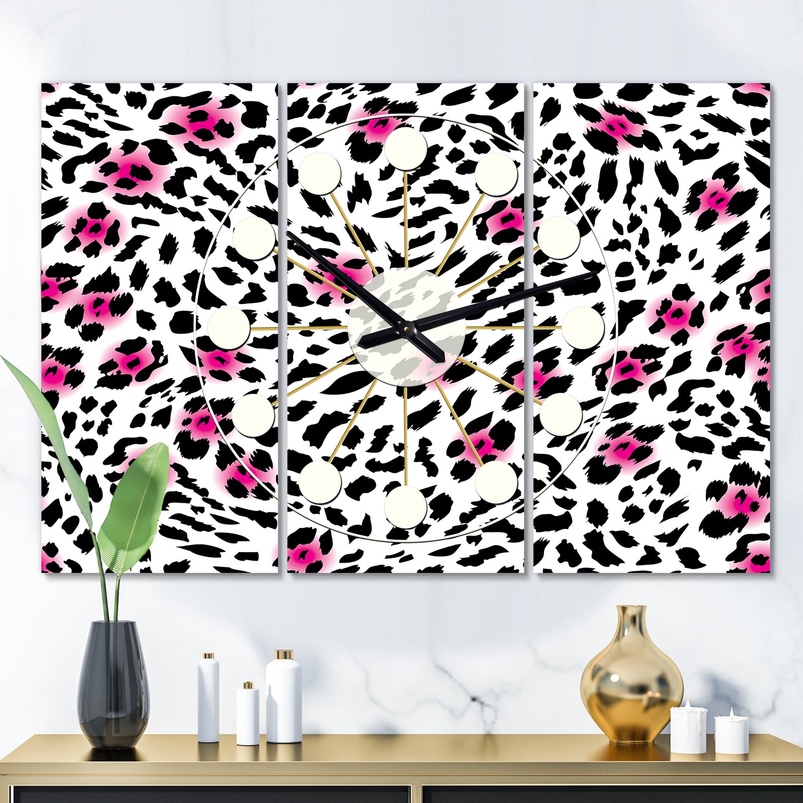 Glam Leopard Pattern - Oversized Mid-Century wall clock - 3 Panels