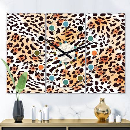 Leopard Fur Safari II - Oversized Mid-Century wall clock - 3 Panels