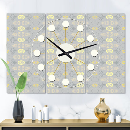 Golden Cornflower Pattern - Oversized Mid-Century wall clock - 3 Panels
