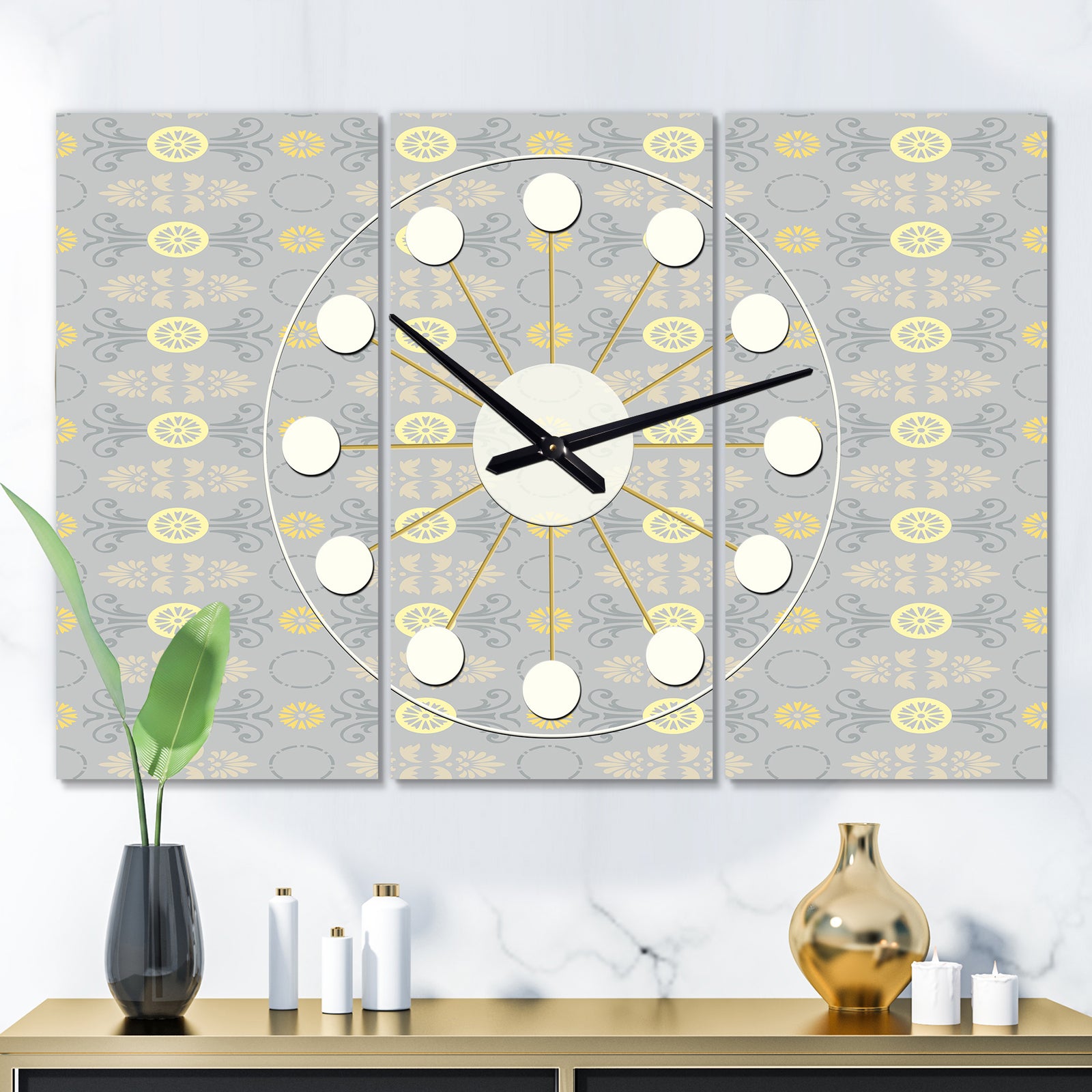Golden Cornflower Pattern - Oversized Mid-Century wall clock - 3 Panels