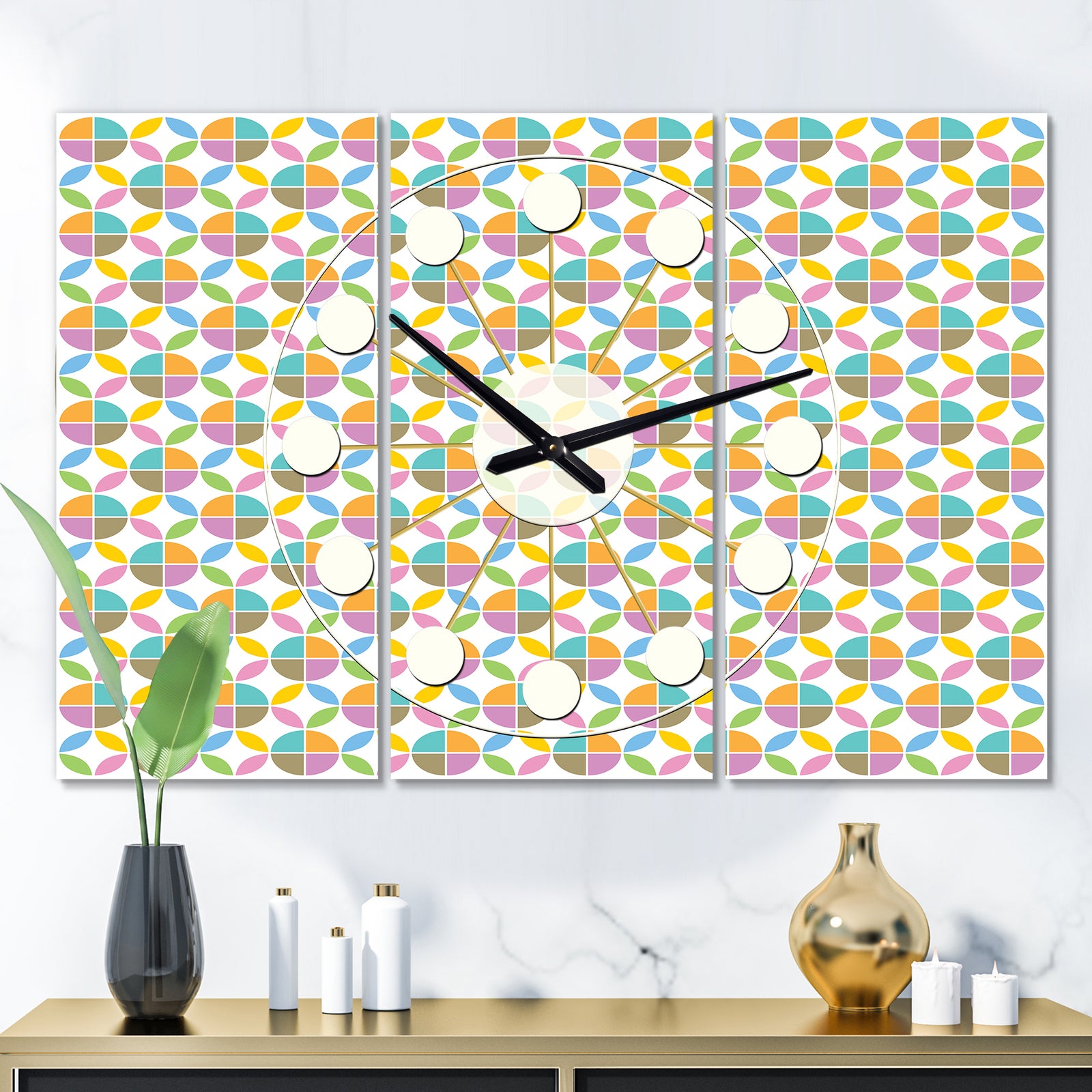 Retro Geometric  Design VIII - Oversized Mid-Century wall clock - 3 Panels