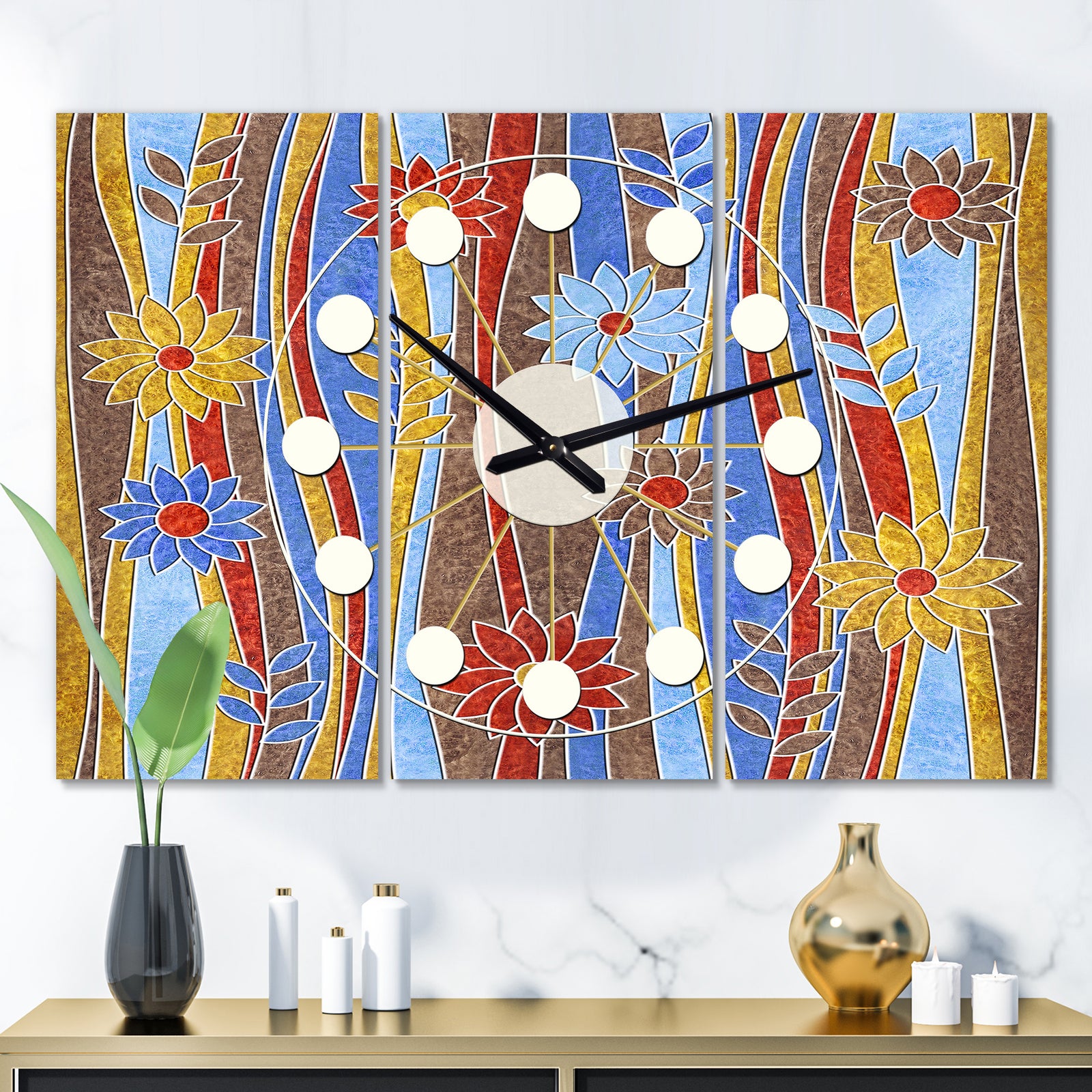Floral Retro Pattern III - Oversized Mid-Century wall clock - 3 Panels