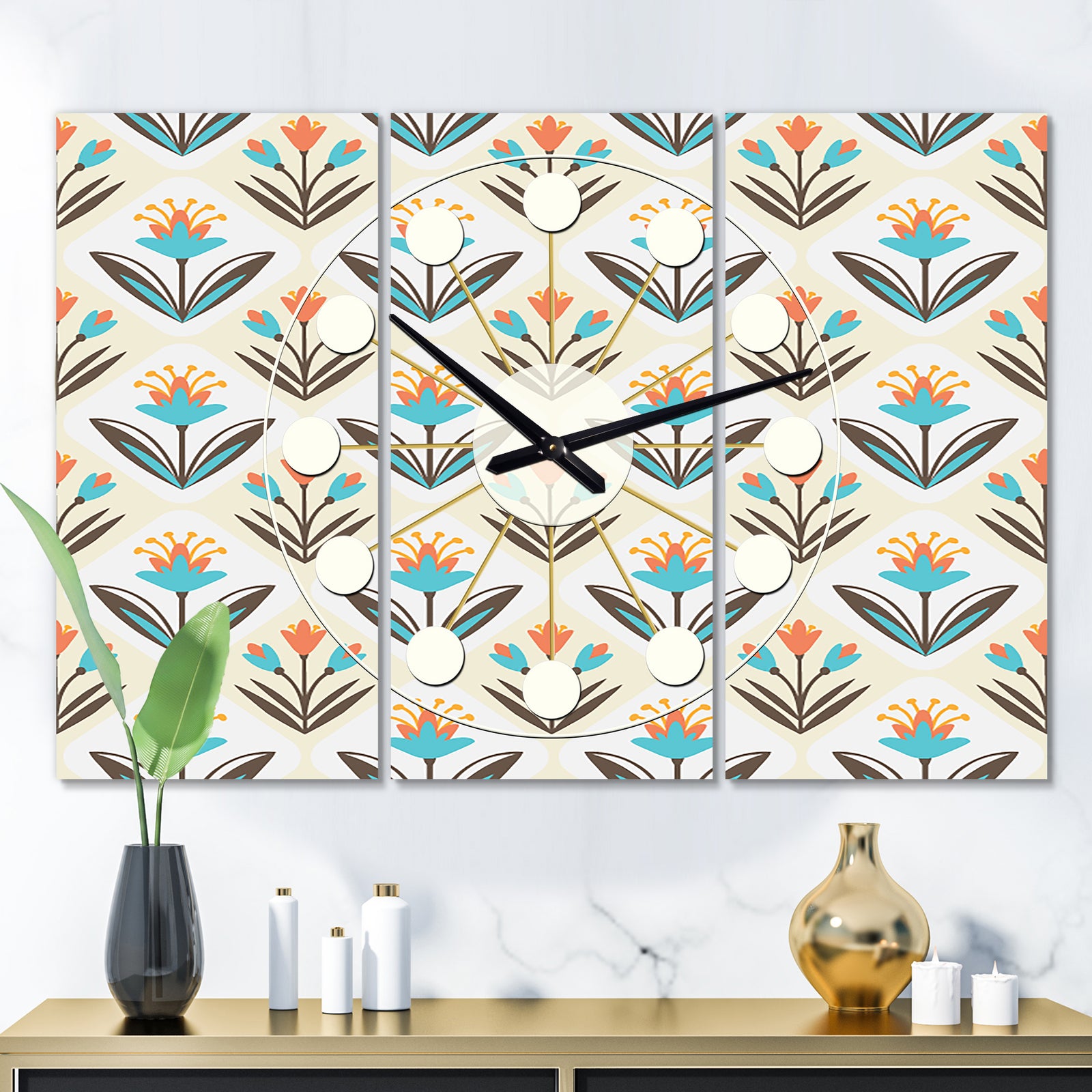 Pattern with floral ornament - Oversized Mid-Century wall clock - 3 Panels