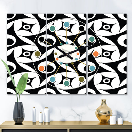 Monochrome Geometric Pattern VII - Oversized Mid-Century wall clock - 3 Panels