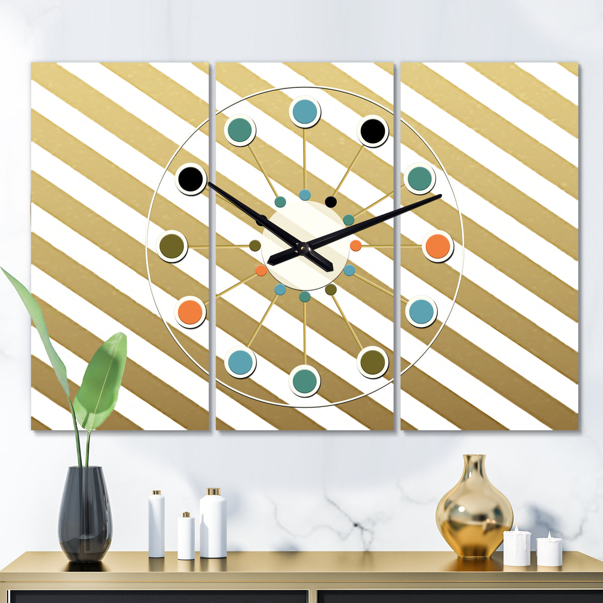 Gold Diagonal - Oversized Mid-Century wall clock - 3 Panels – designq