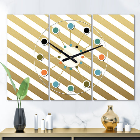Gold Diagonal - Oversized Mid-Century wall clock - 3 Panels