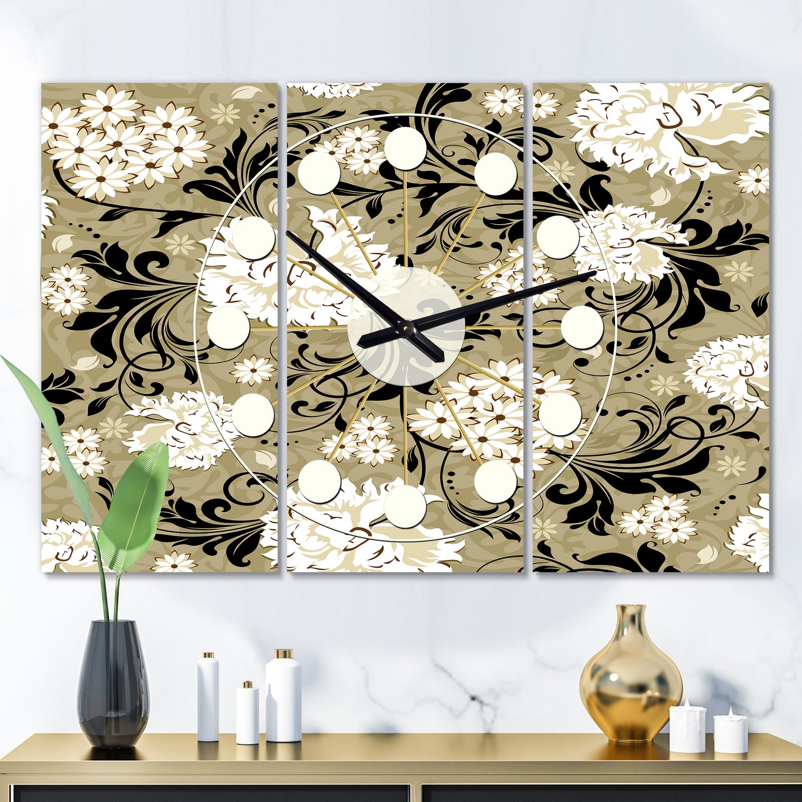 Retro Abstract Florals - Oversized Mid-Century wall clock - 3 Panels
