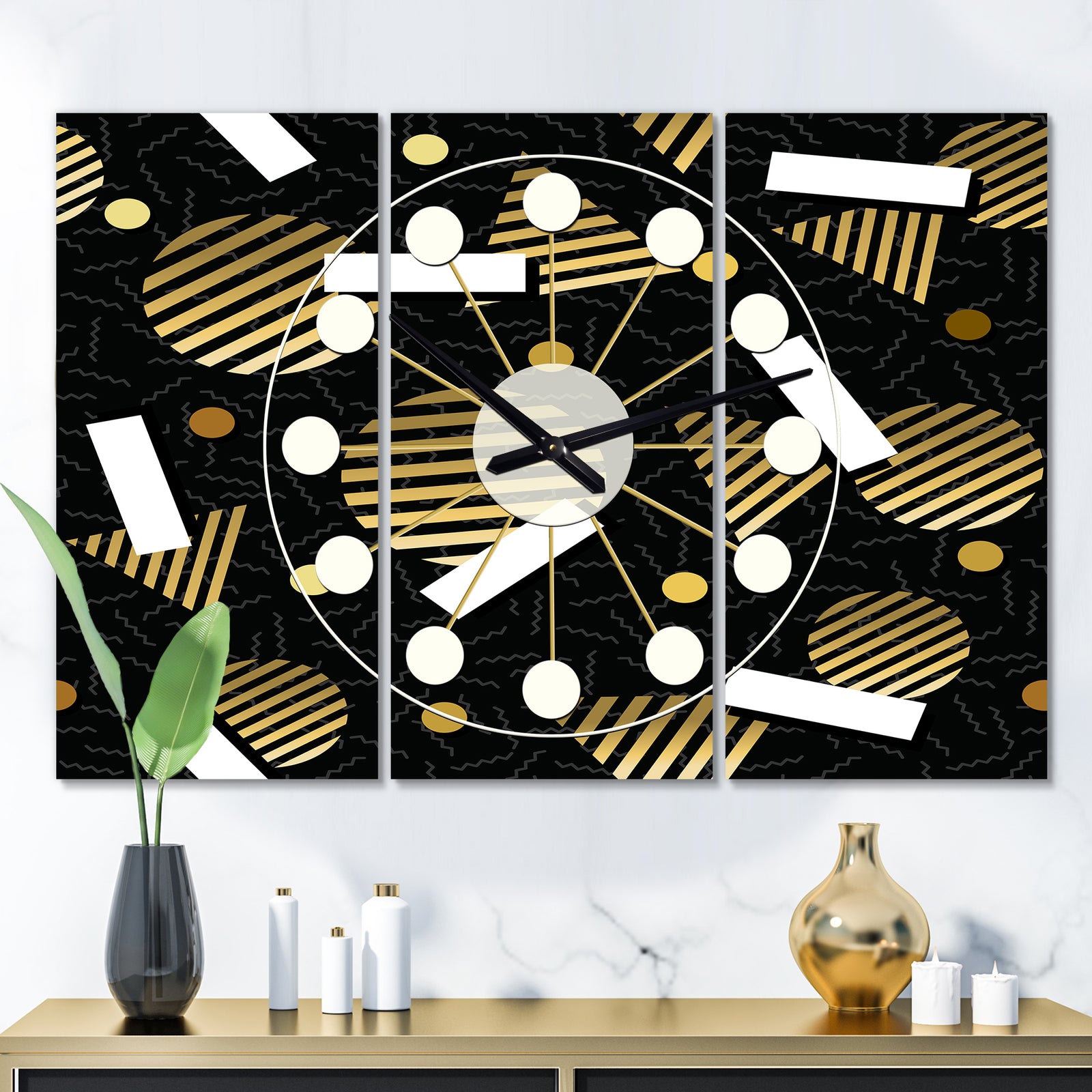 Gold Retro Circular Pattern - Oversized Mid-Century wall clock - 3 Panels