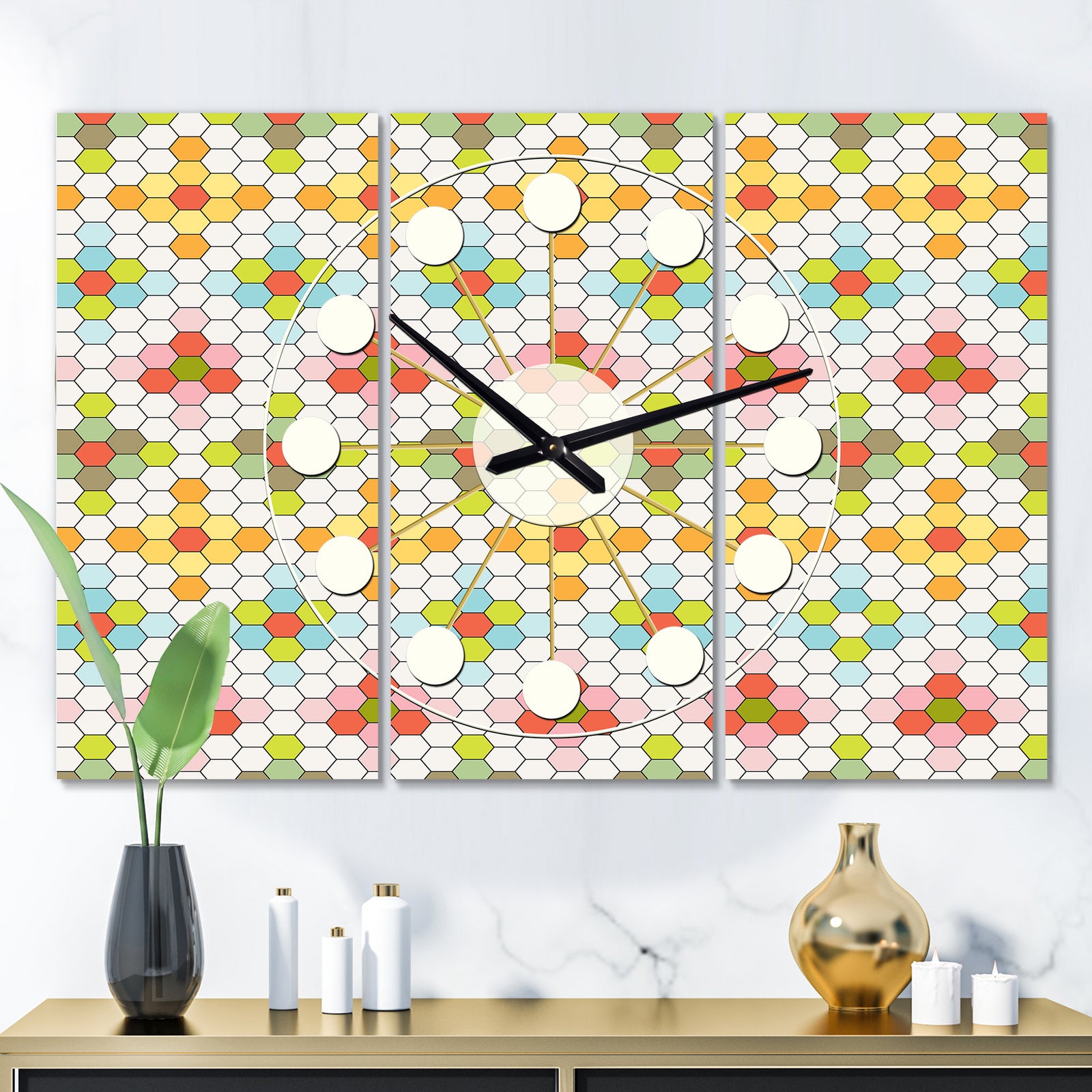 Retro Geometric  Design IX - Oversized Mid-Century wall clock - 3 Panels