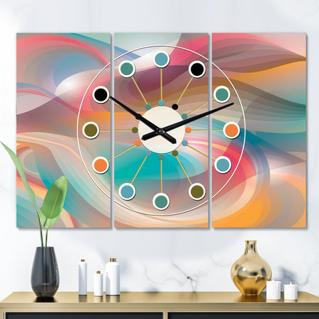 Retro Shining Colour Waves - Oversized Mid-Century wall clock - 3 Panels