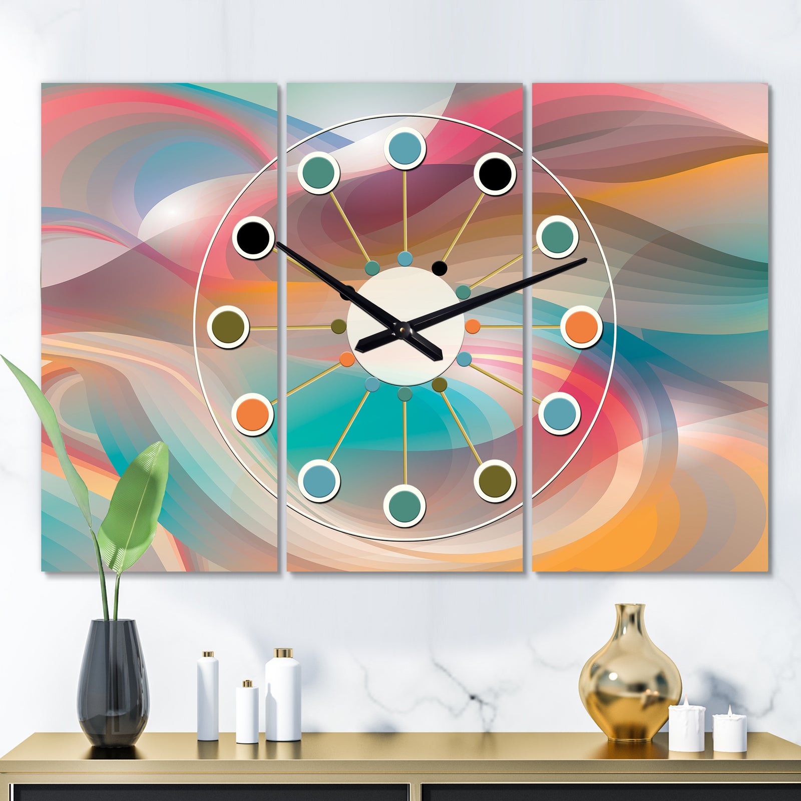 Retro Shining Colour Waves - Oversized Mid-Century wall clock - 3 Panels