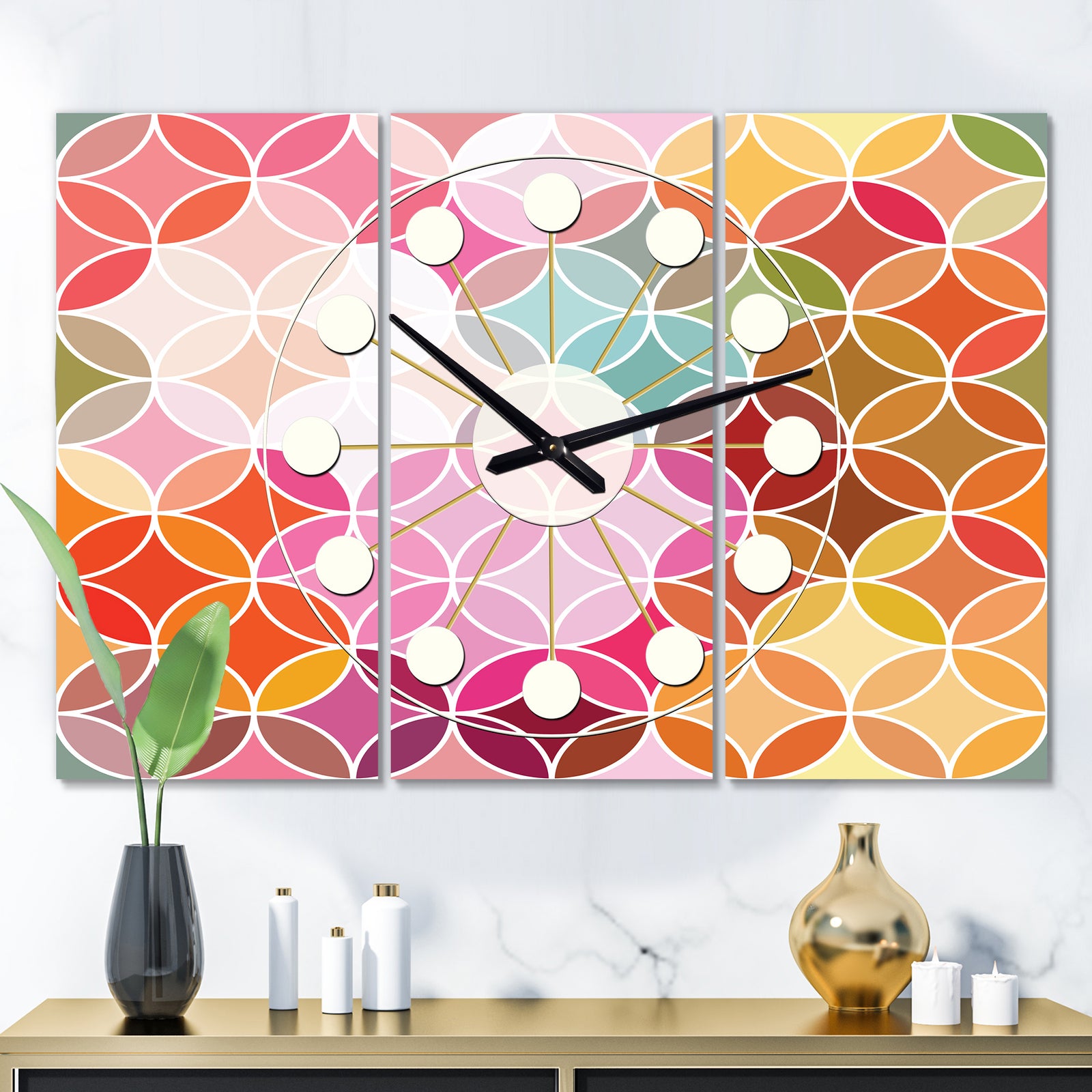 Geometrical Retro Design II - Oversized Mid-Century wall clock - 3 Panels