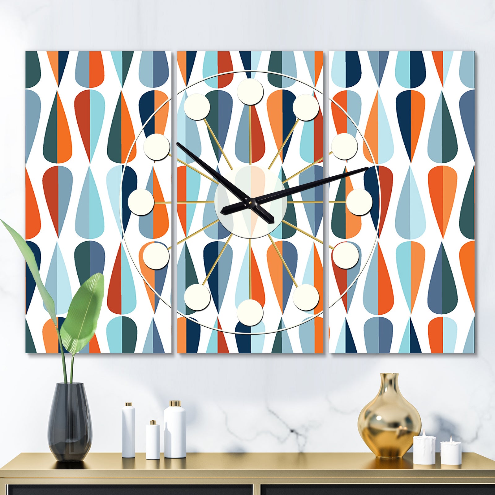 Retro Abstract Drops V - Oversized Mid-Century wall clock - 3 Panels