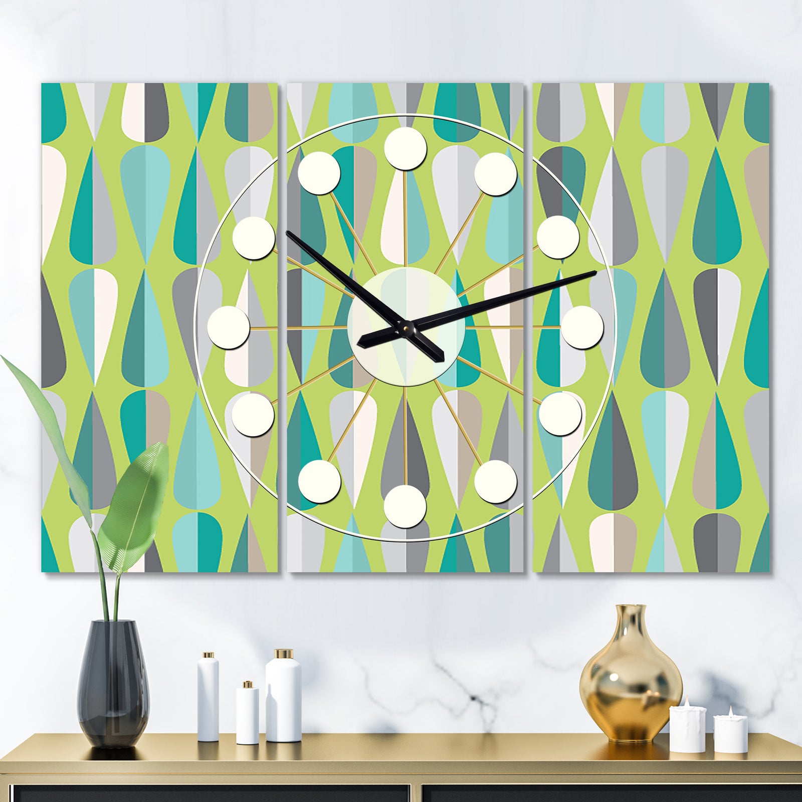Retro Abstract Drops VI - Oversized Mid-Century wall clock - 3 Panels