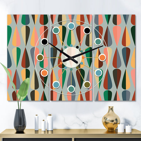 Retro Abstract Drops IX - Oversized Mid-Century wall clock - 3 Panels