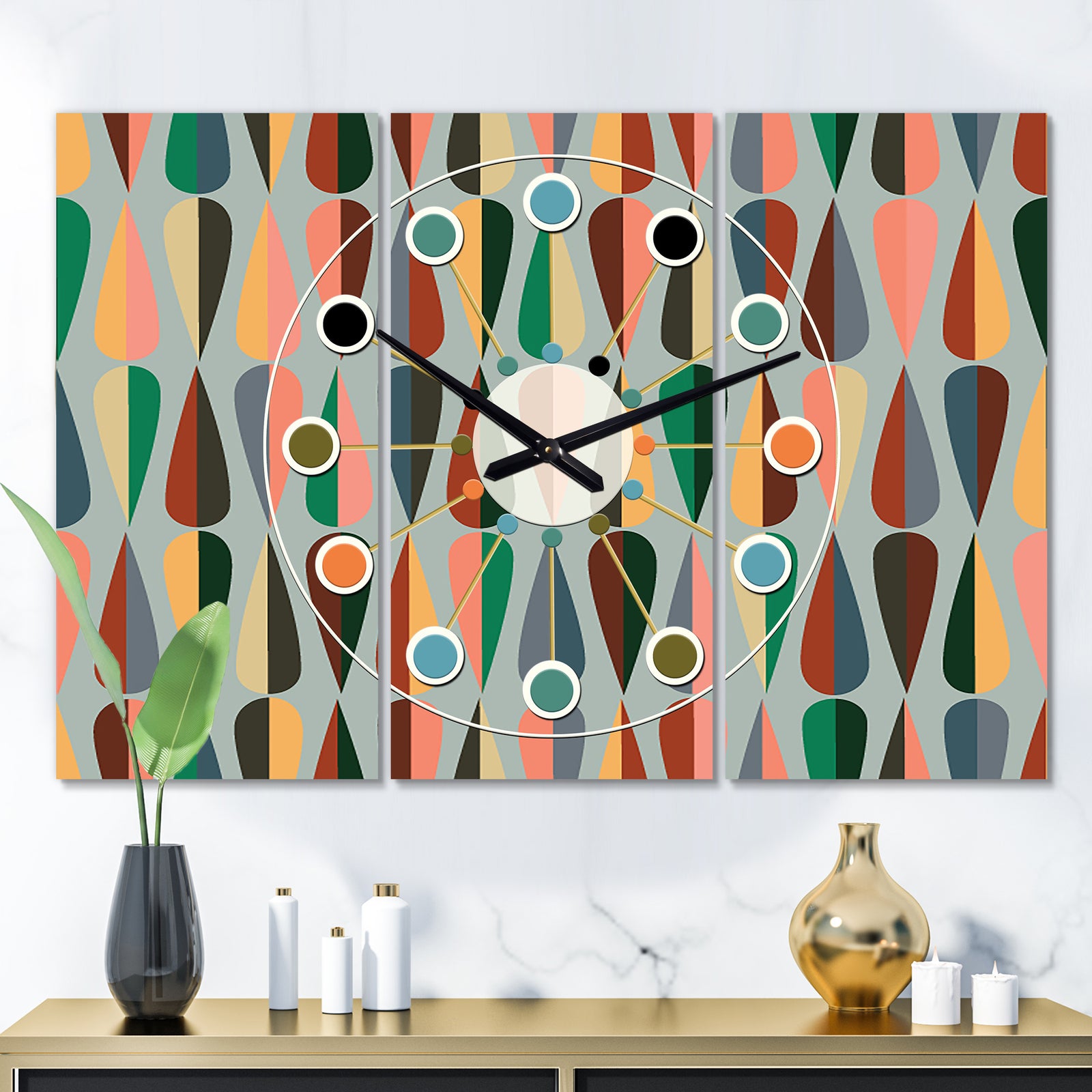 Retro Abstract Drops IX - Oversized Mid-Century wall clock - 3 Panels
