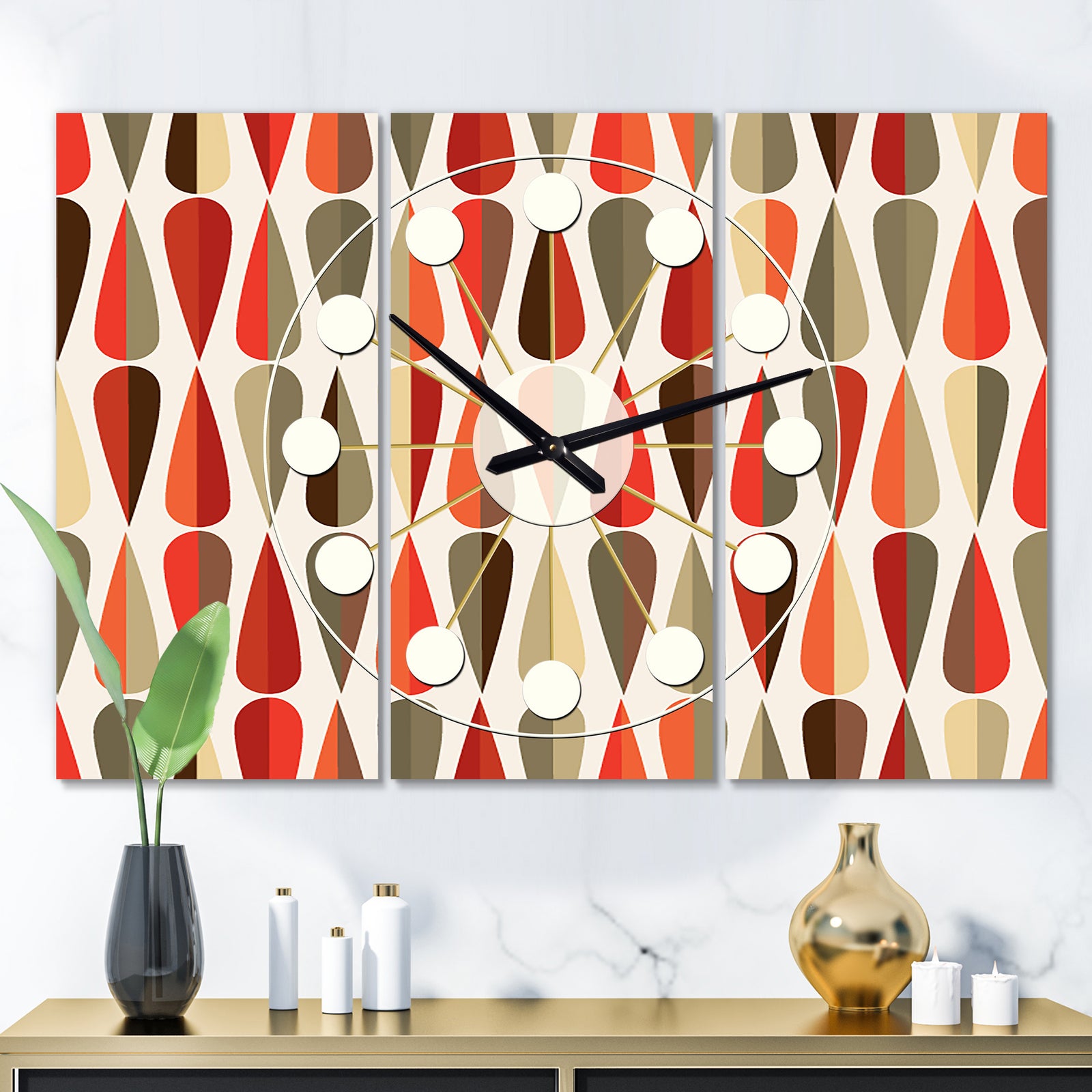Retro Abstract Drops IV - Oversized Mid-Century wall clock - 3 Panels