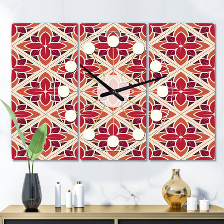Retro Floral Pattern VI - Oversized Mid-Century wall clock - 3 Panels