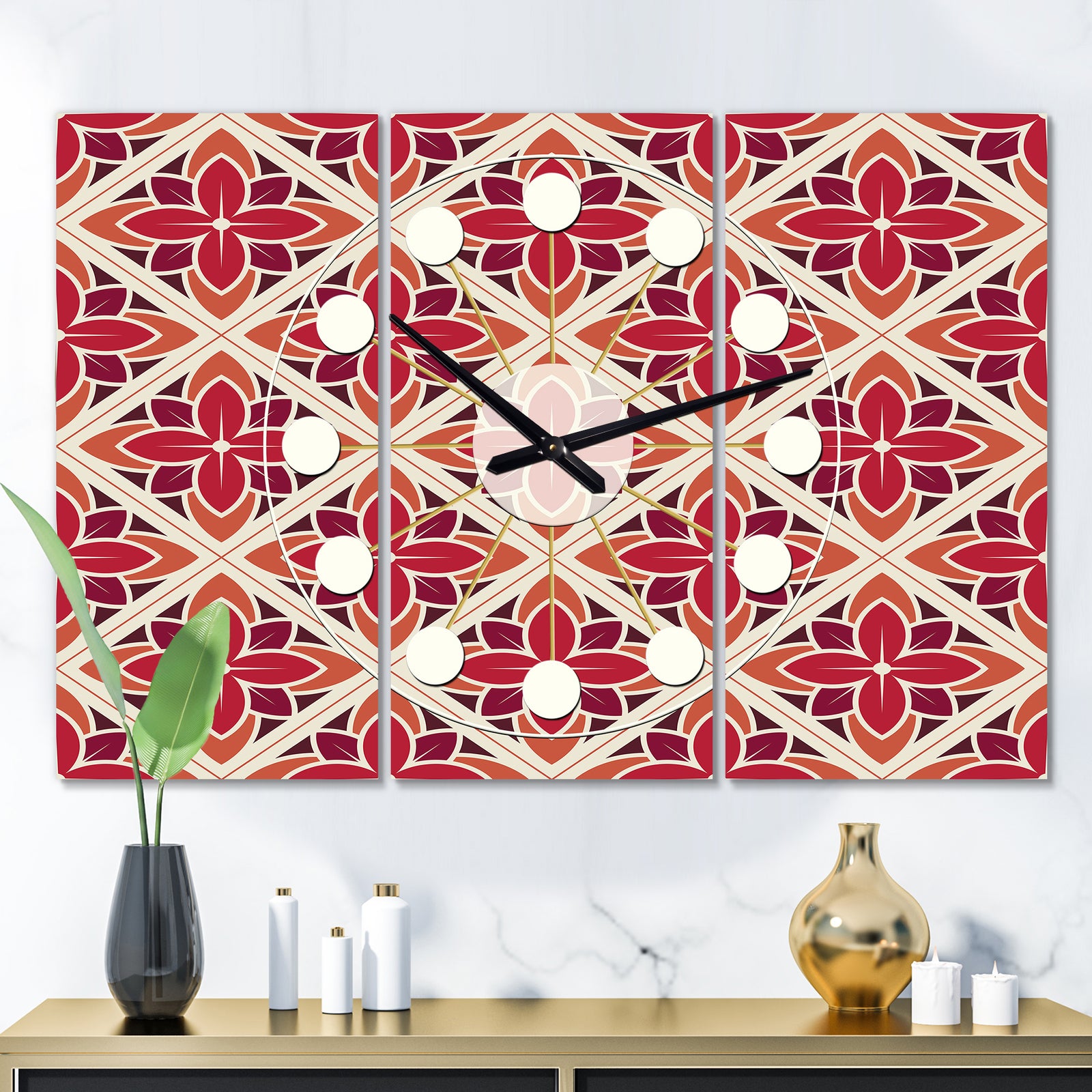 Retro Floral Pattern VI - Oversized Mid-Century wall clock - 3 Panels