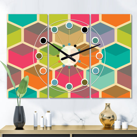 Retro Hexagon Pattern I - Oversized Mid-Century wall clock - 3 Panels