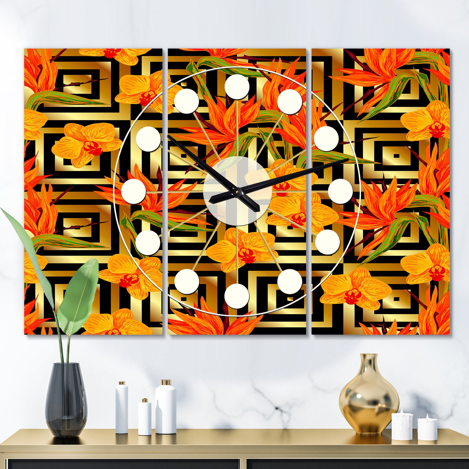 Tropical Gold Luxury Pattern III - Oversized Mid-Century wall clock - 3 Panels