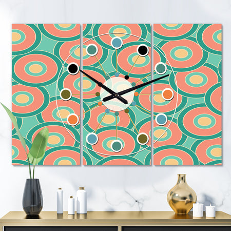 Retro Circular Pattern VI - Oversized Mid-Century wall clock - 3 Panels