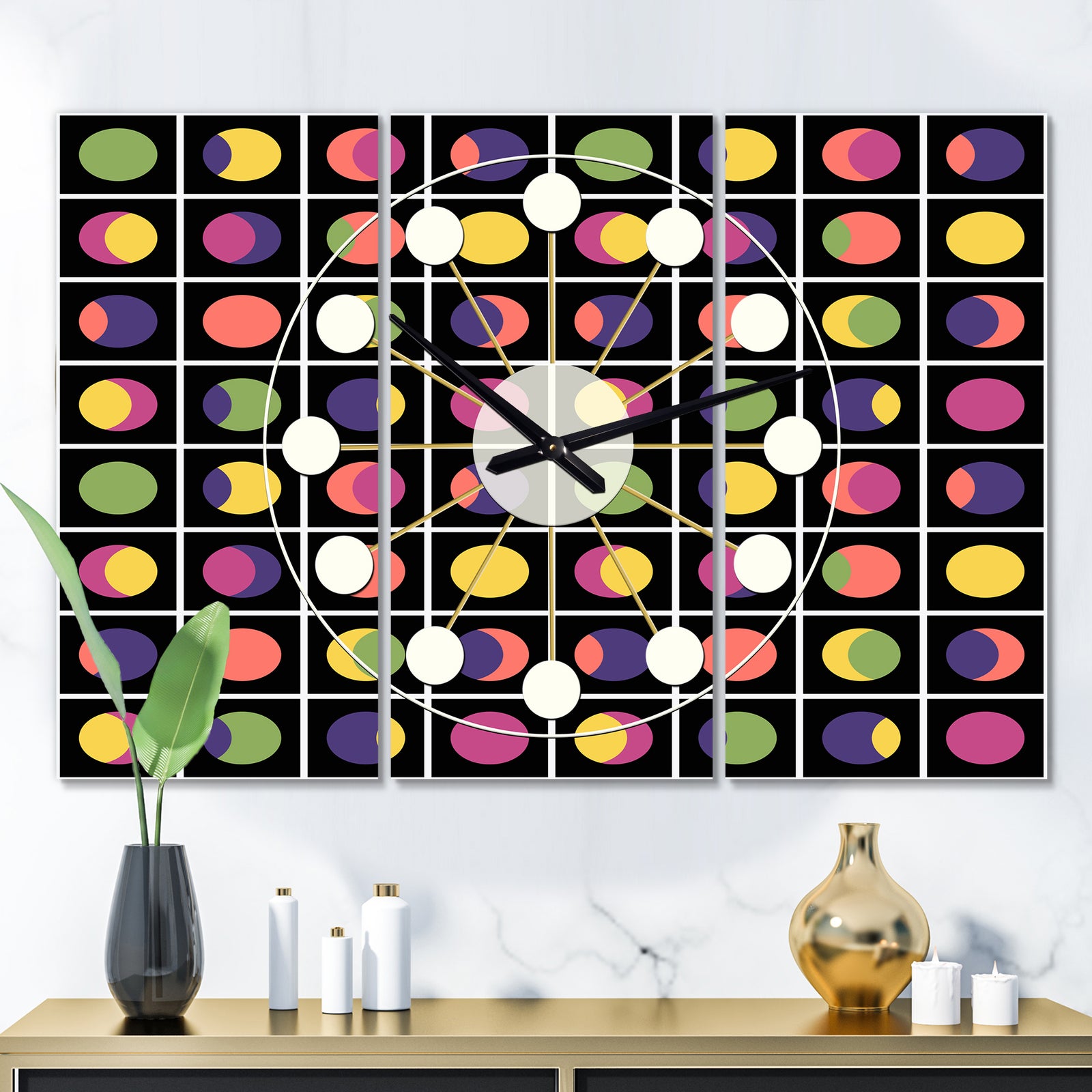 Retro Circular Moons - Oversized Mid-Century wall clock - 3 Panels