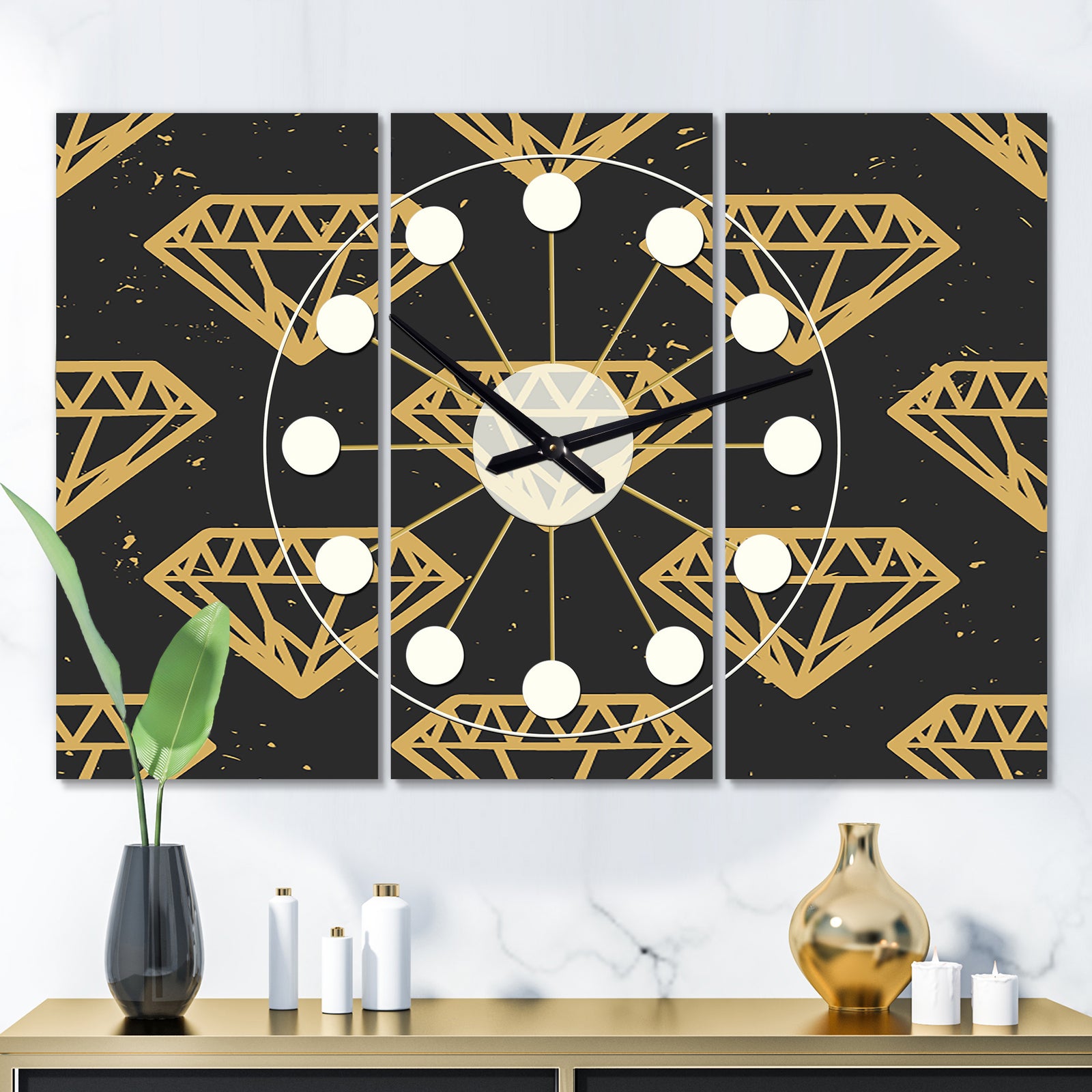 Vintage Golden Diamonds - Oversized Mid-Century wall clock - 3 Panels