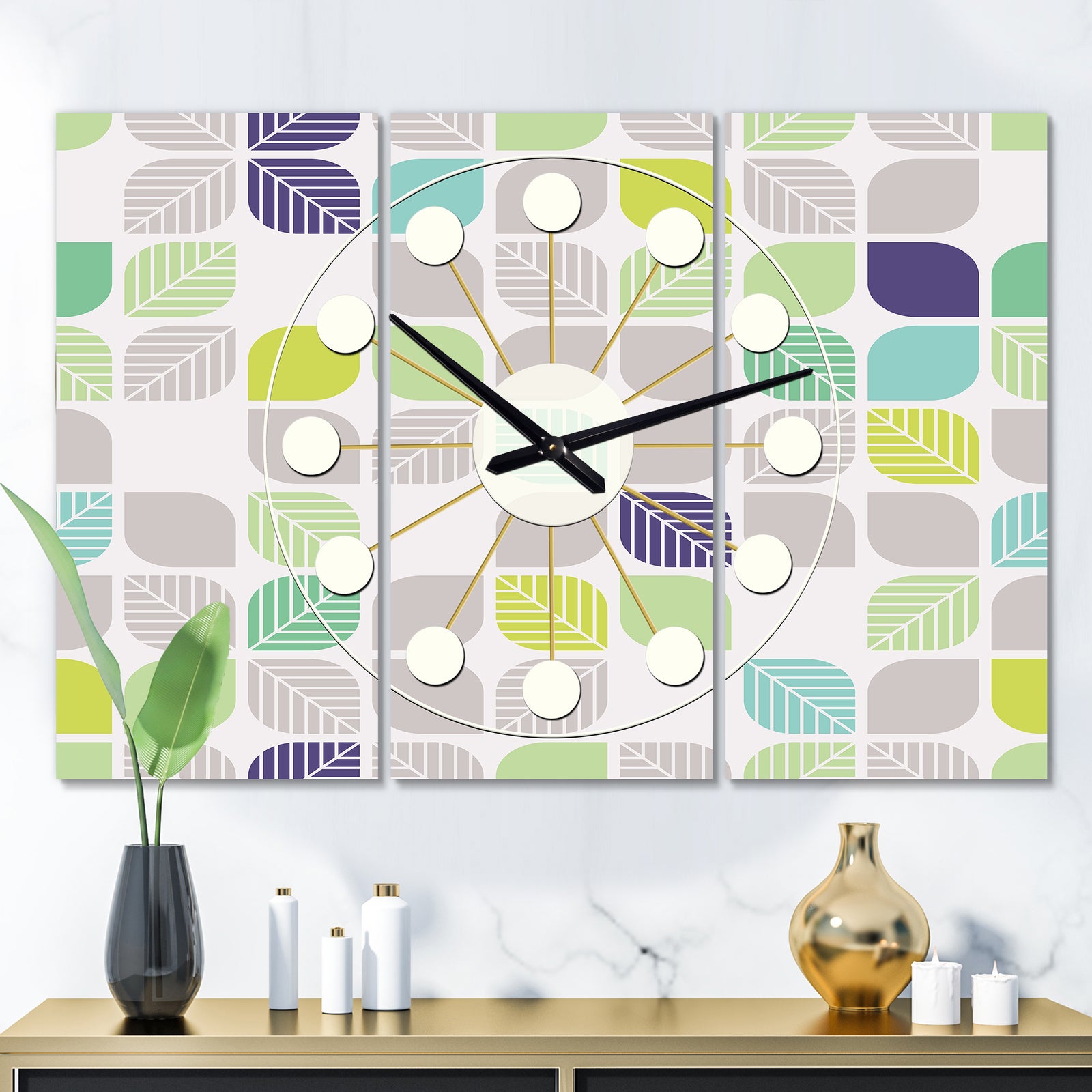 geometric pattern with leaves - Oversized Mid-Century wall clock - 3 Panels
