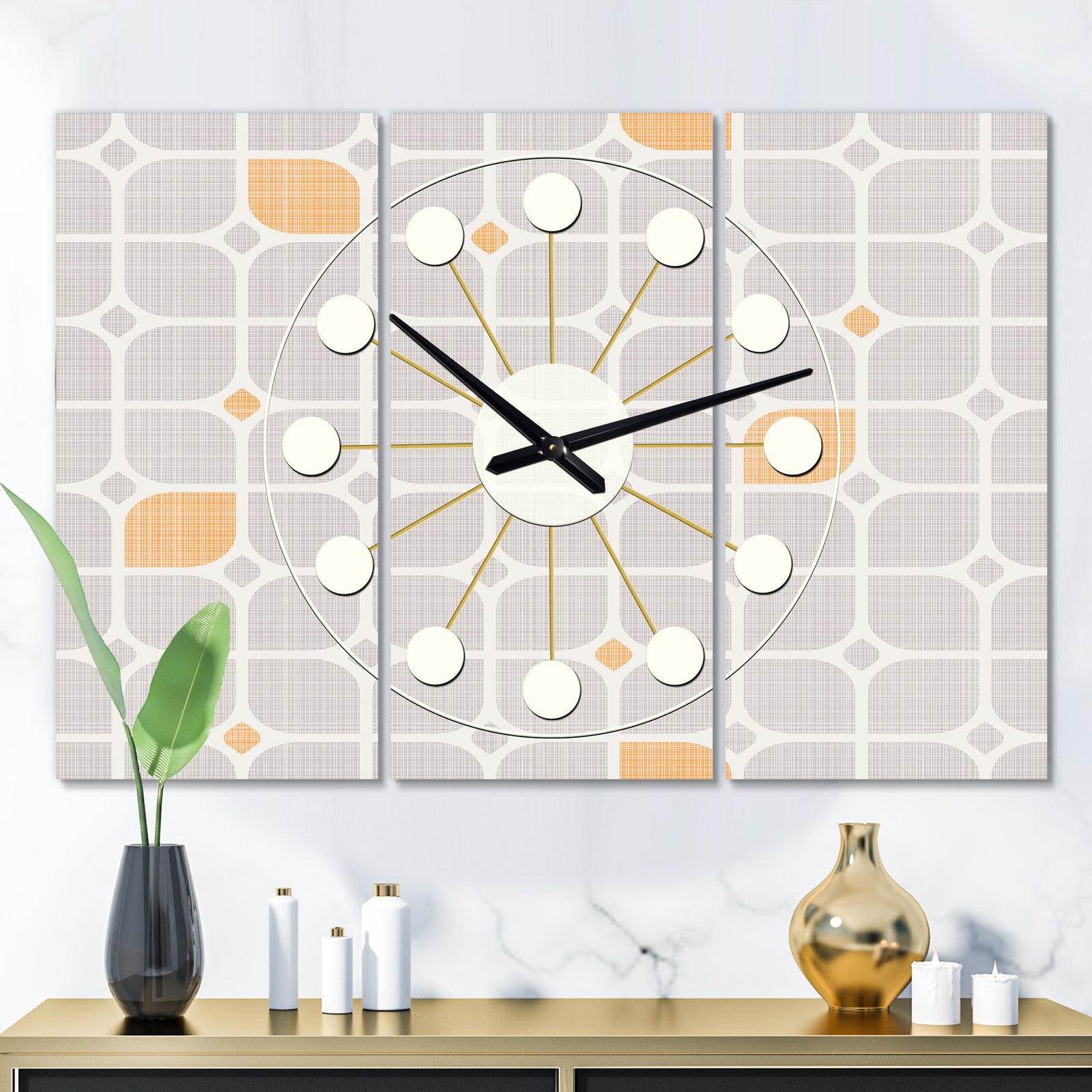 Retro Geometrical Pattern II - Oversized Mid-Century wall clock - 3 Panels