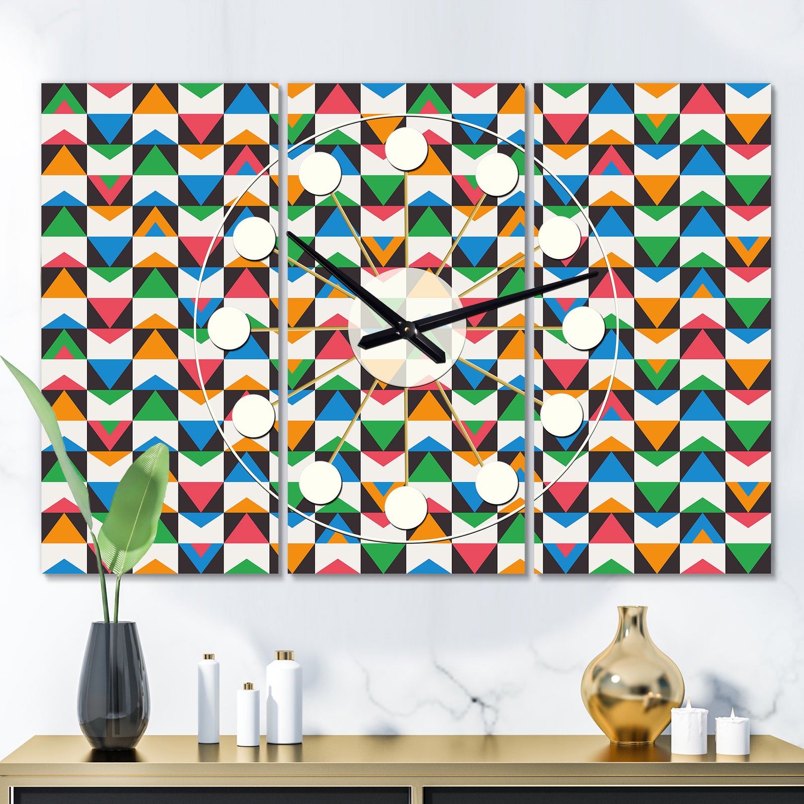 Retro Ornamental Design II - Oversized Mid-Century wall clock - 3 Panels