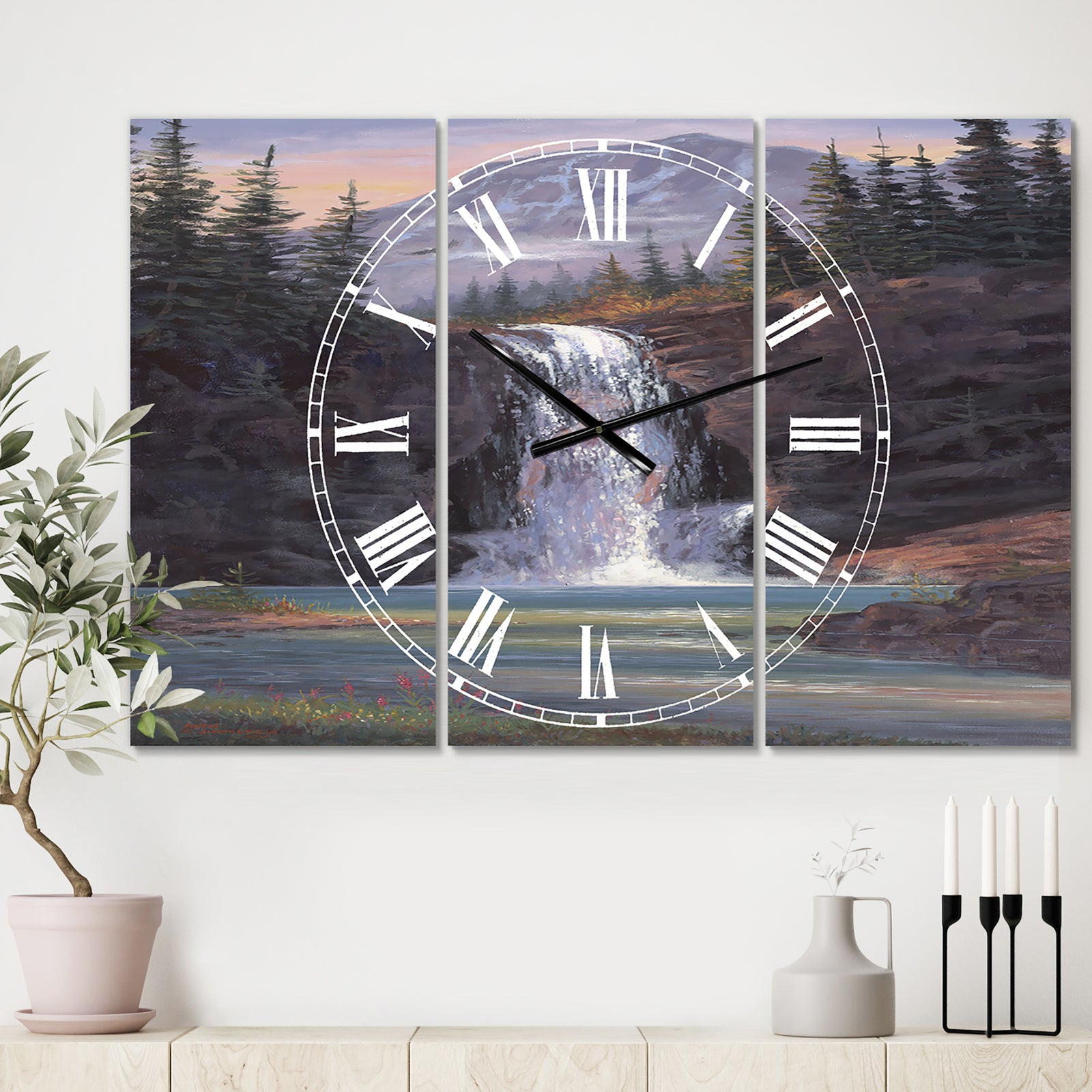 Waterfall Mountain Afternoon - Large Traditional Wall Clock - 3 Panels