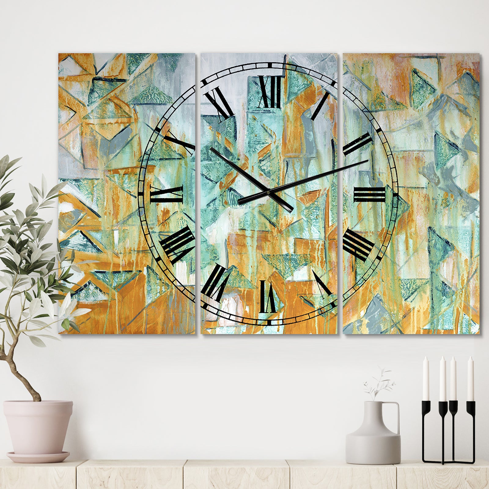 Triangular Cascade - Large Modern Wall Clock - 3 Panels