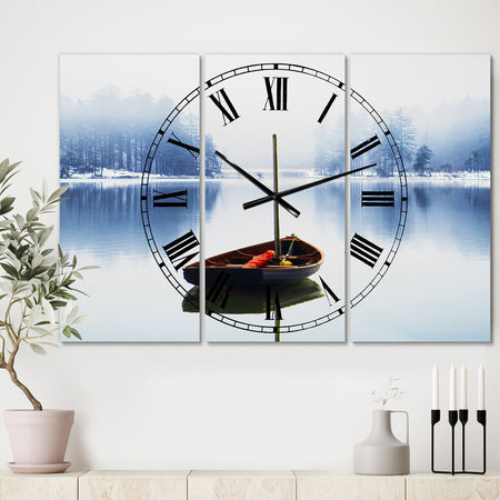 Empty Boat On Blue Lake - Oversized Lake House Wall Clock - 3 Panels