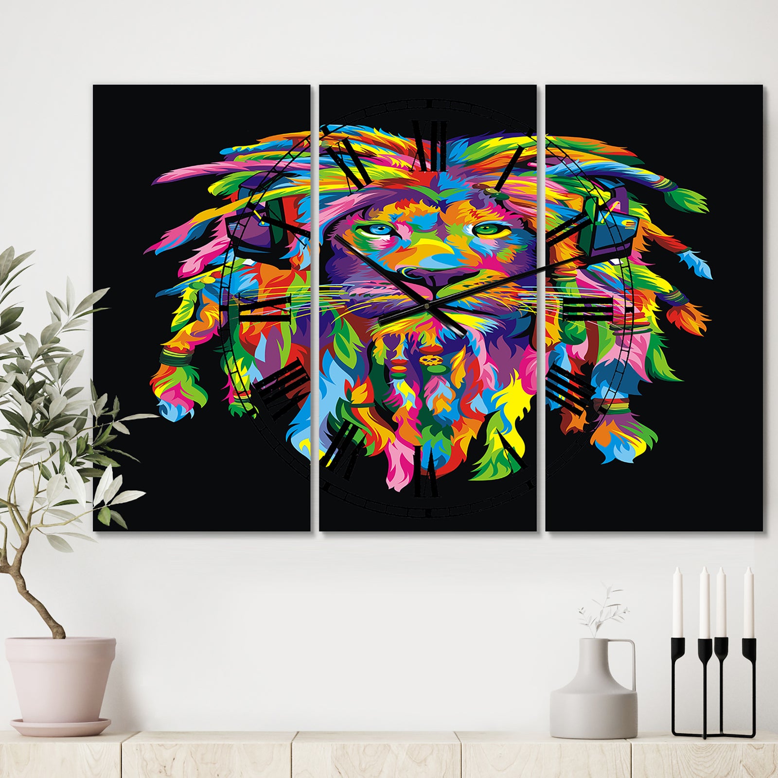 Lion Rasta - Oversized Modern Wall Clock - 3 Panels