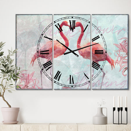 Flamingo Power - Oversized Cottage Wall Clock - 3 Panels