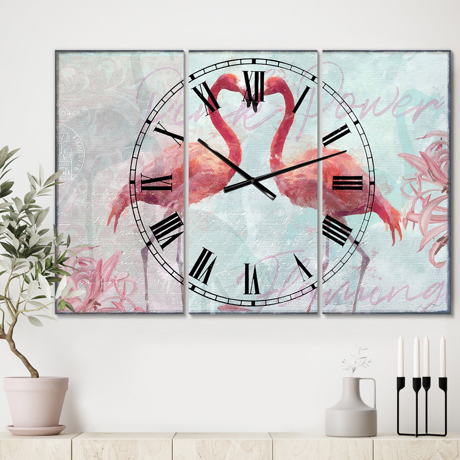 Flamingo Power - Oversized Cottage Wall Clock - 3 Panels
