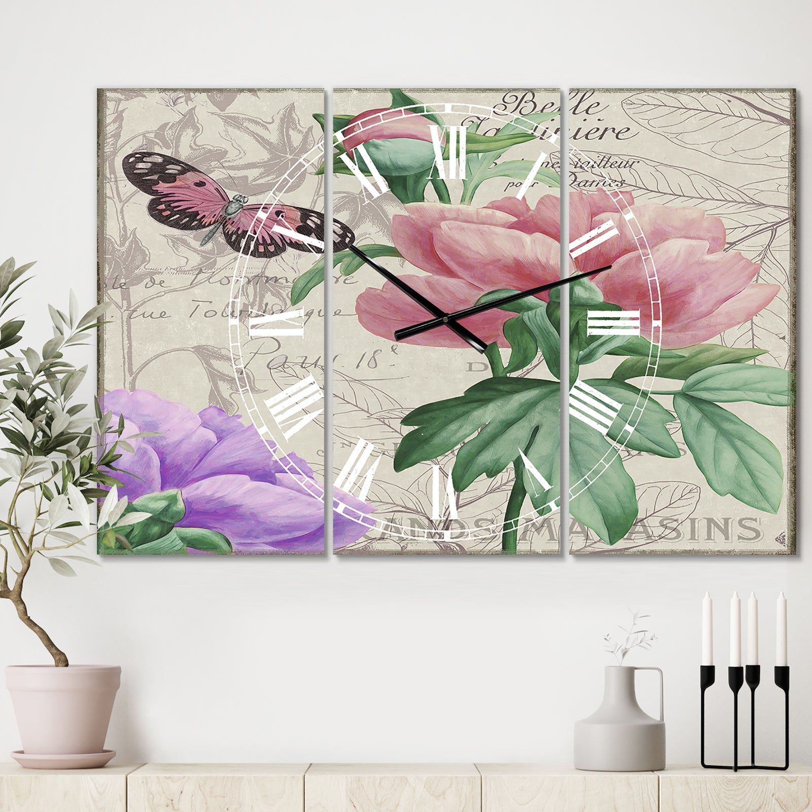 Vintage Flowers II - Large Cottage Wall Clock - 3 Panels