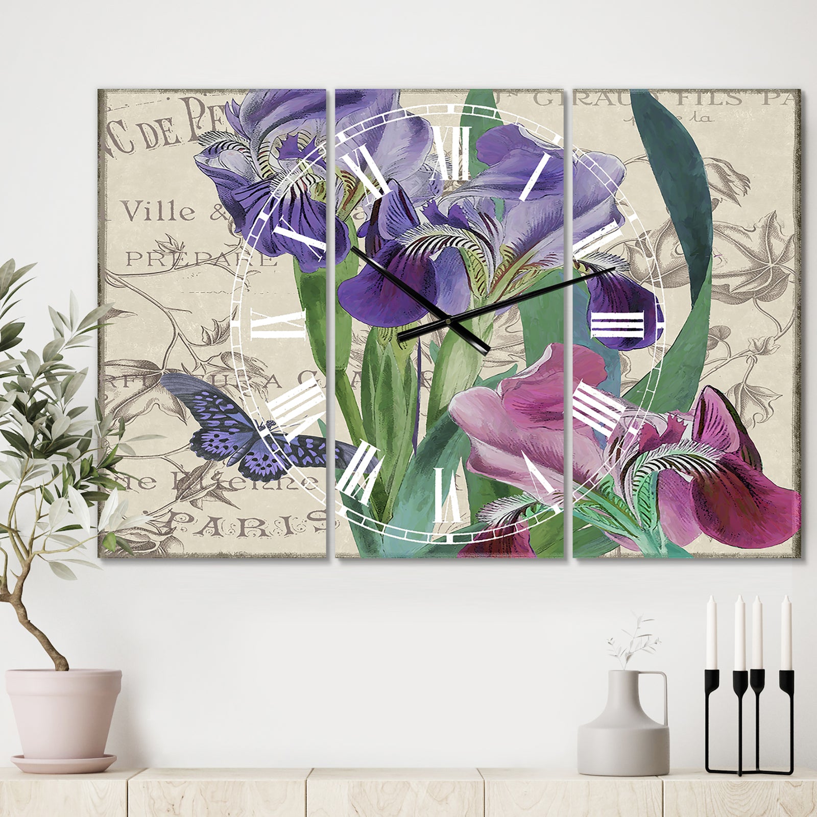 Vintage Flowers III - Oversized Cottage Wall Clock - 3 Panels