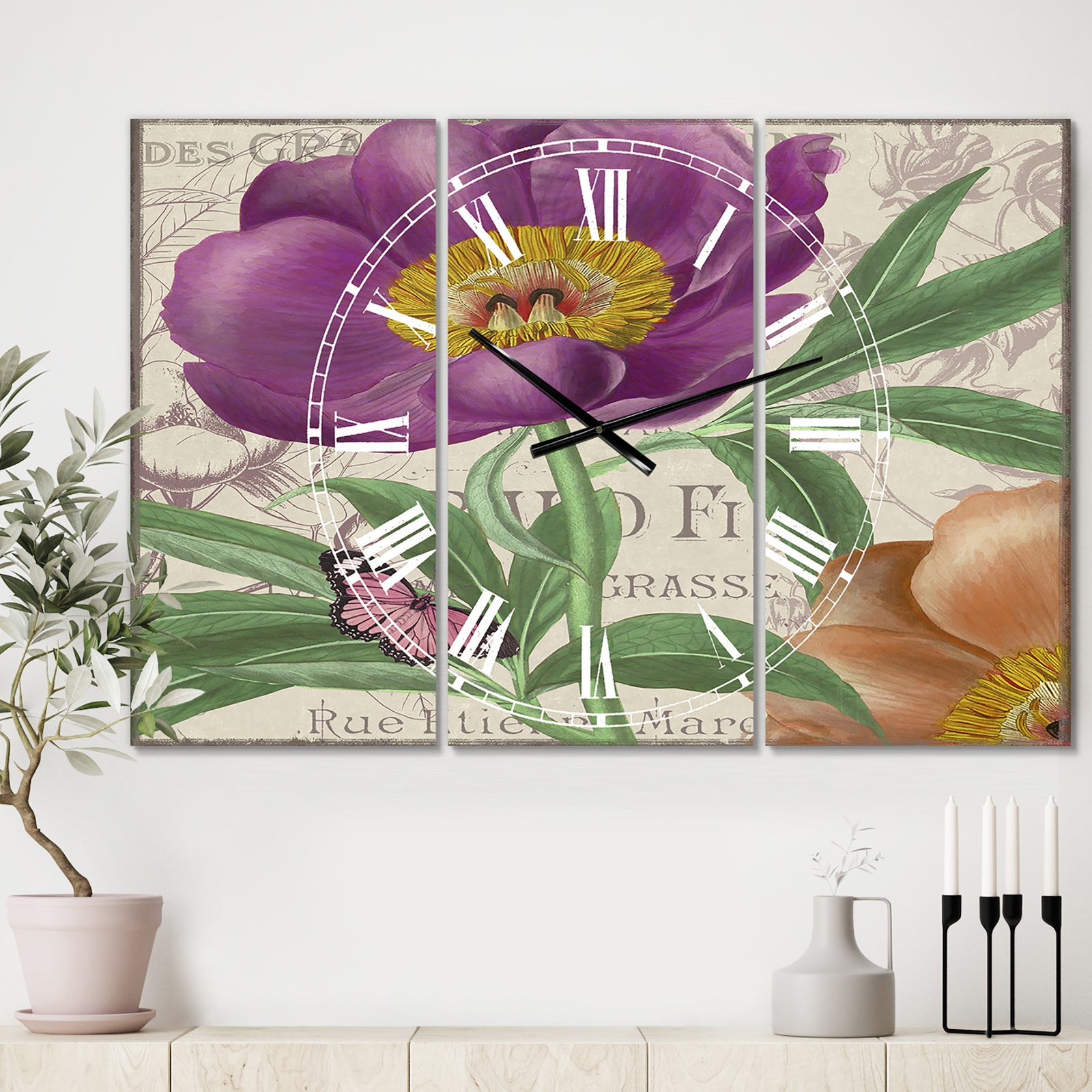 Vintage Flowers IV - Large Cottage Wall Clock - 3 Panels