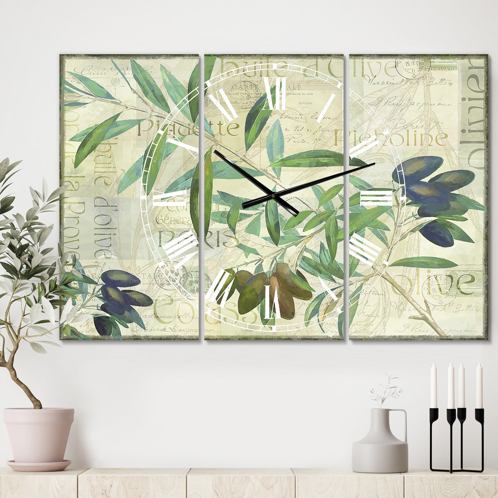 Olives Picholines - Oversized Cottage Wall Clock - 3 Panels