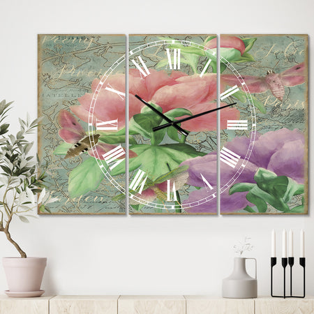 Pink Peonies - Large Cottage Wall Clock - 3 Panels