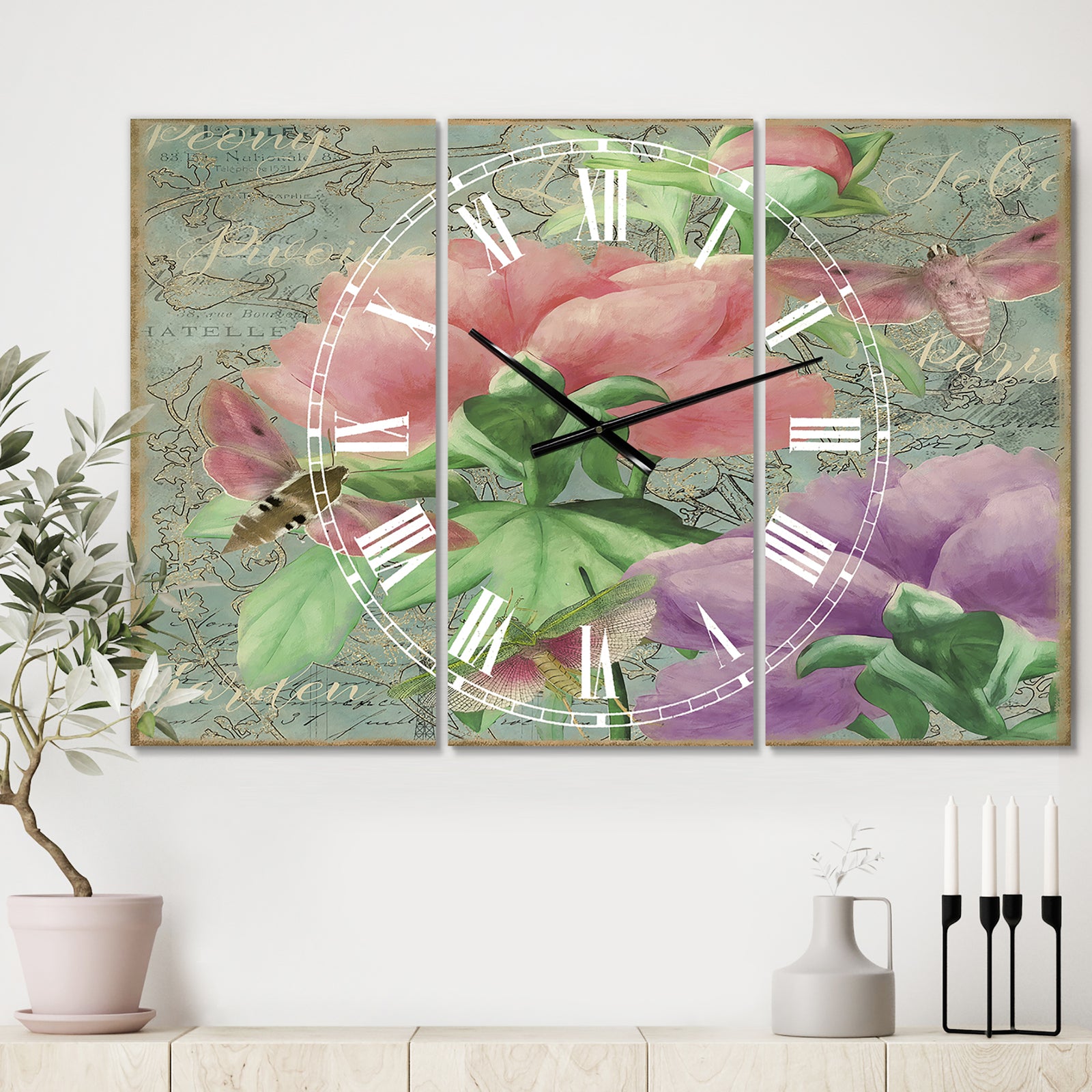 Pink Peonies - Large Cottage Wall Clock - 3 Panels