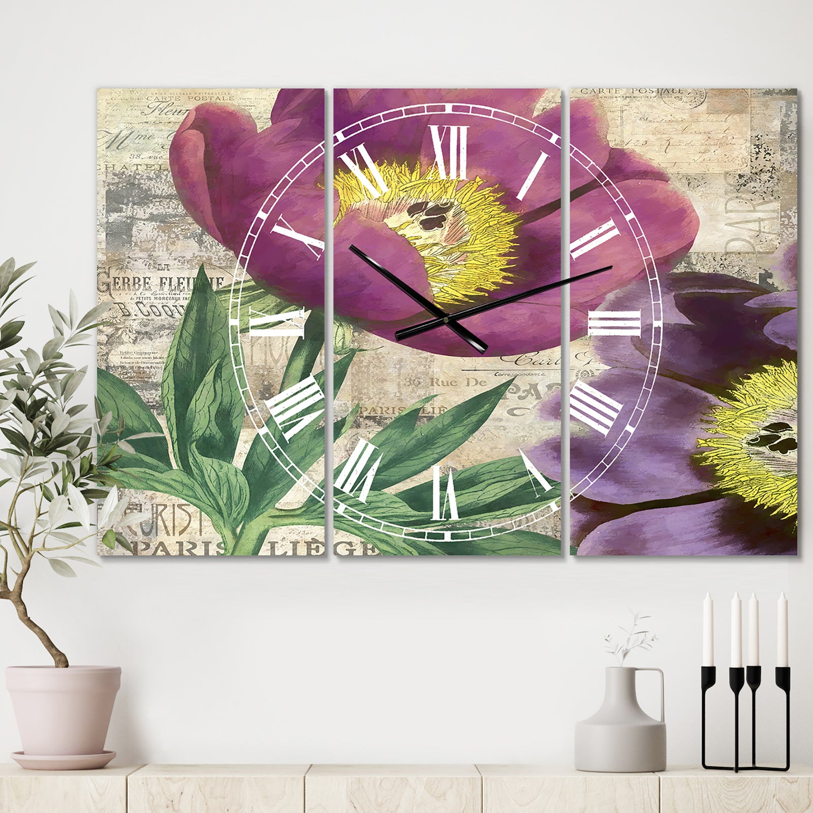 Purple Peonies - Oversized Cottage Wall Clock - 3 Panels