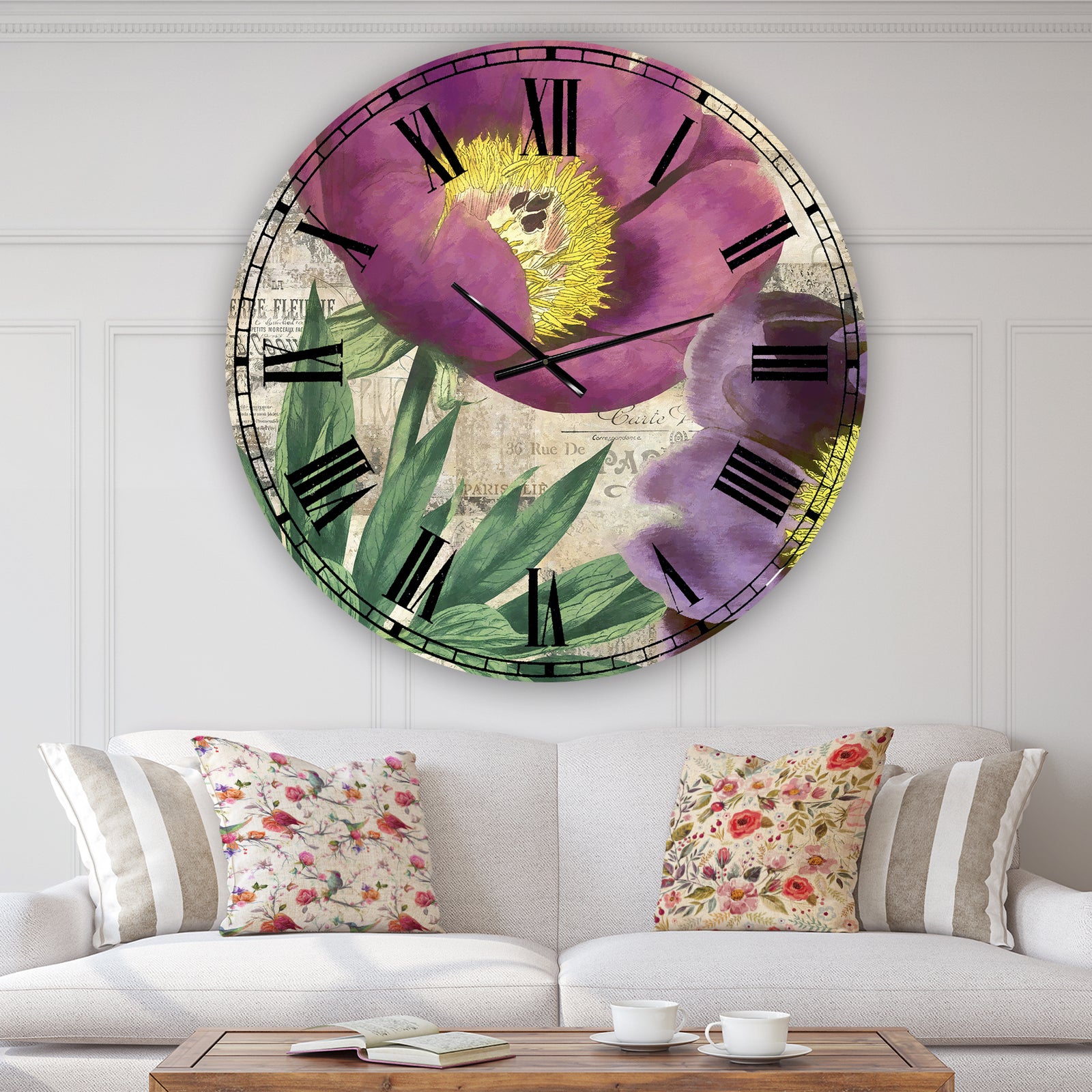 Purple Peonies - Oversized Cottage Wall Clock
