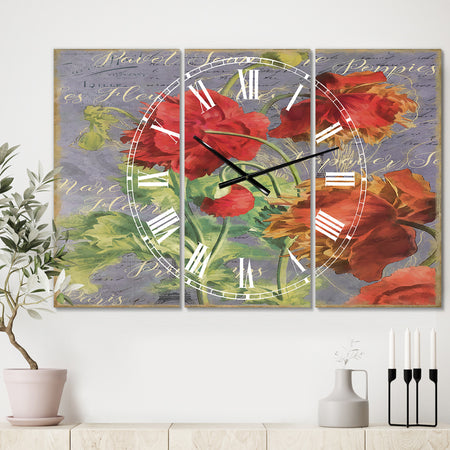 Red Poppies - Large Cottage Wall Clock - 3 Panels