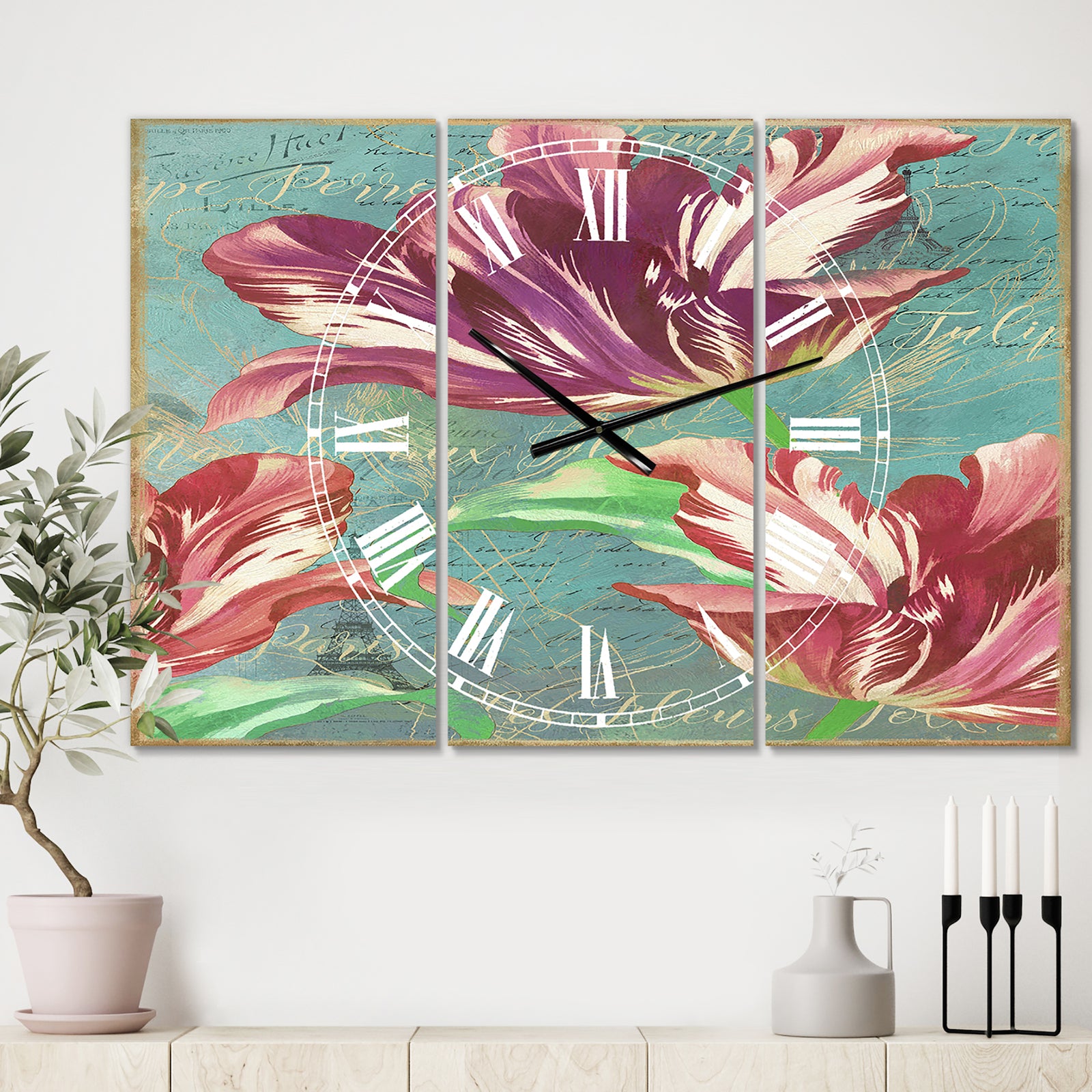 Vintage Tulips in Paris - Oversized Cottage Wall Clock - 3 Panels