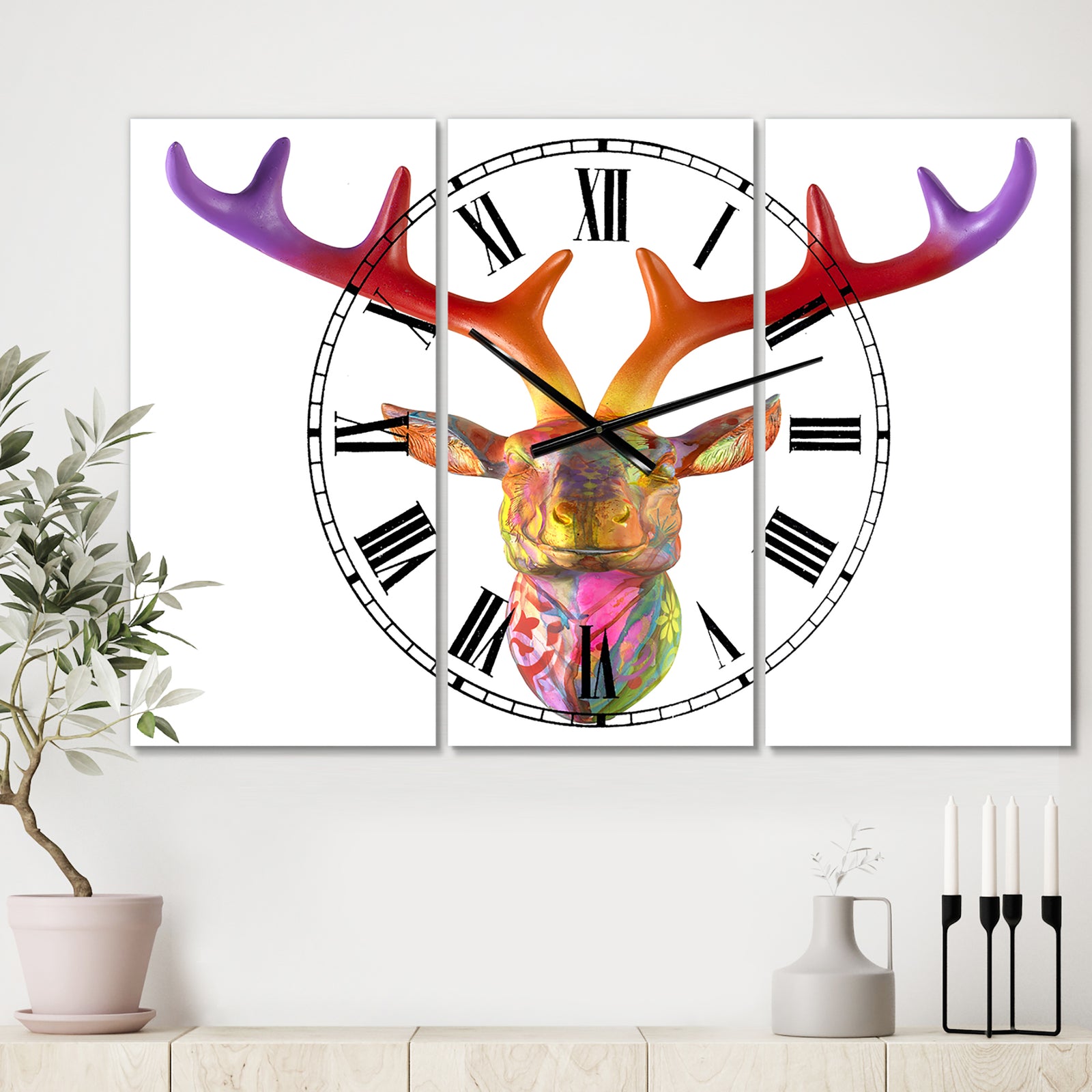 Rainbow Antlers - Large Modern Wall Clock - 3 Panels